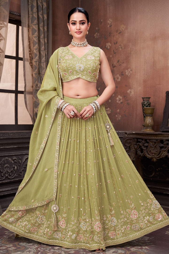 Pista Green Sequins, Beads and Multicolor Thread work Crop Top Lehenga