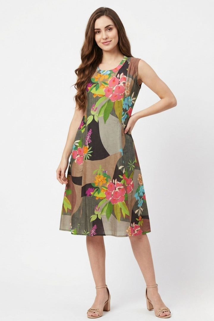 Multicolor Digital Print A-Line Cut Calf Length Kurti