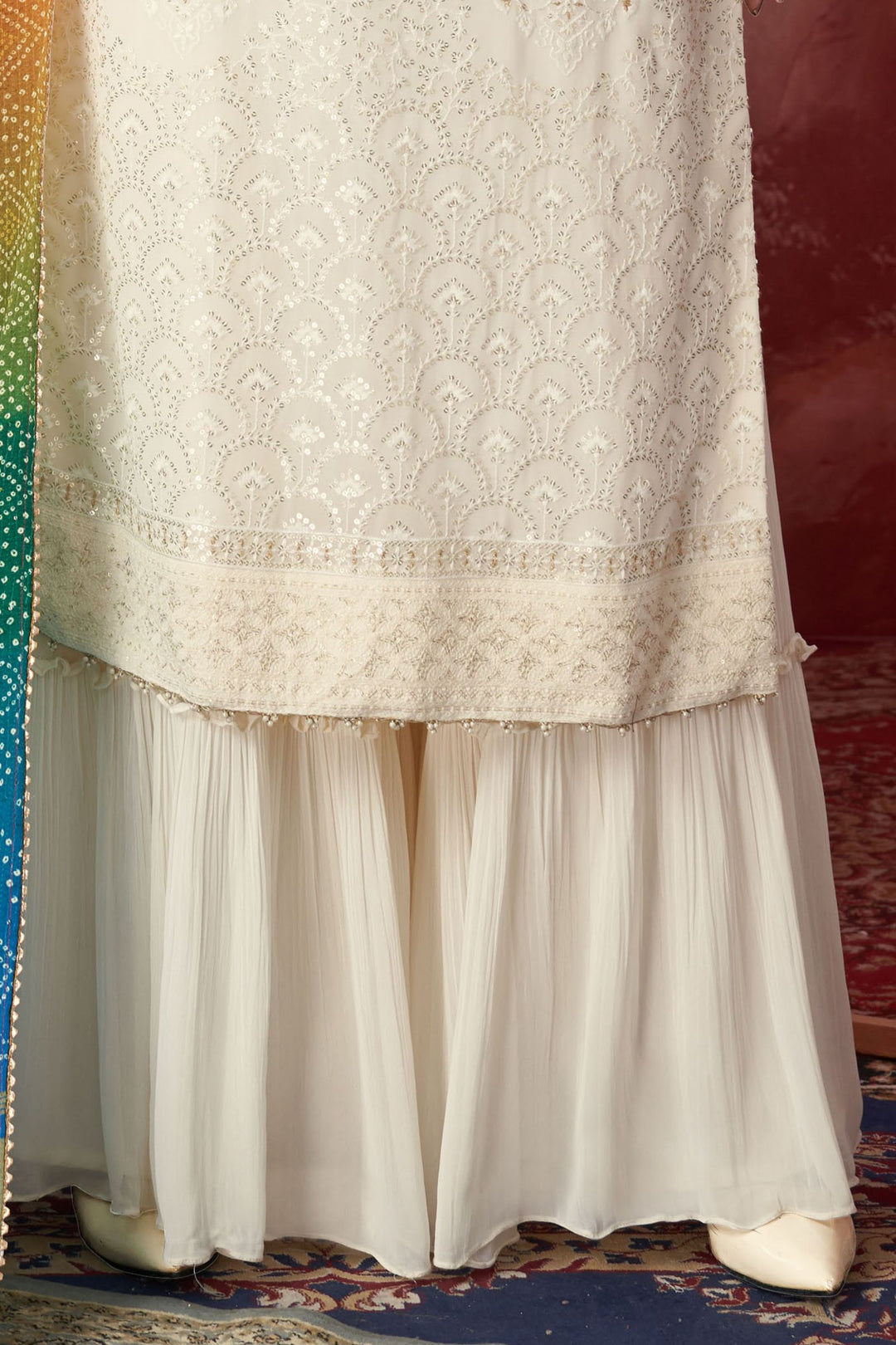 Cream Sequins and Thread work Salwar Suit with Palazzo Pants with Bandini Print Dupatta