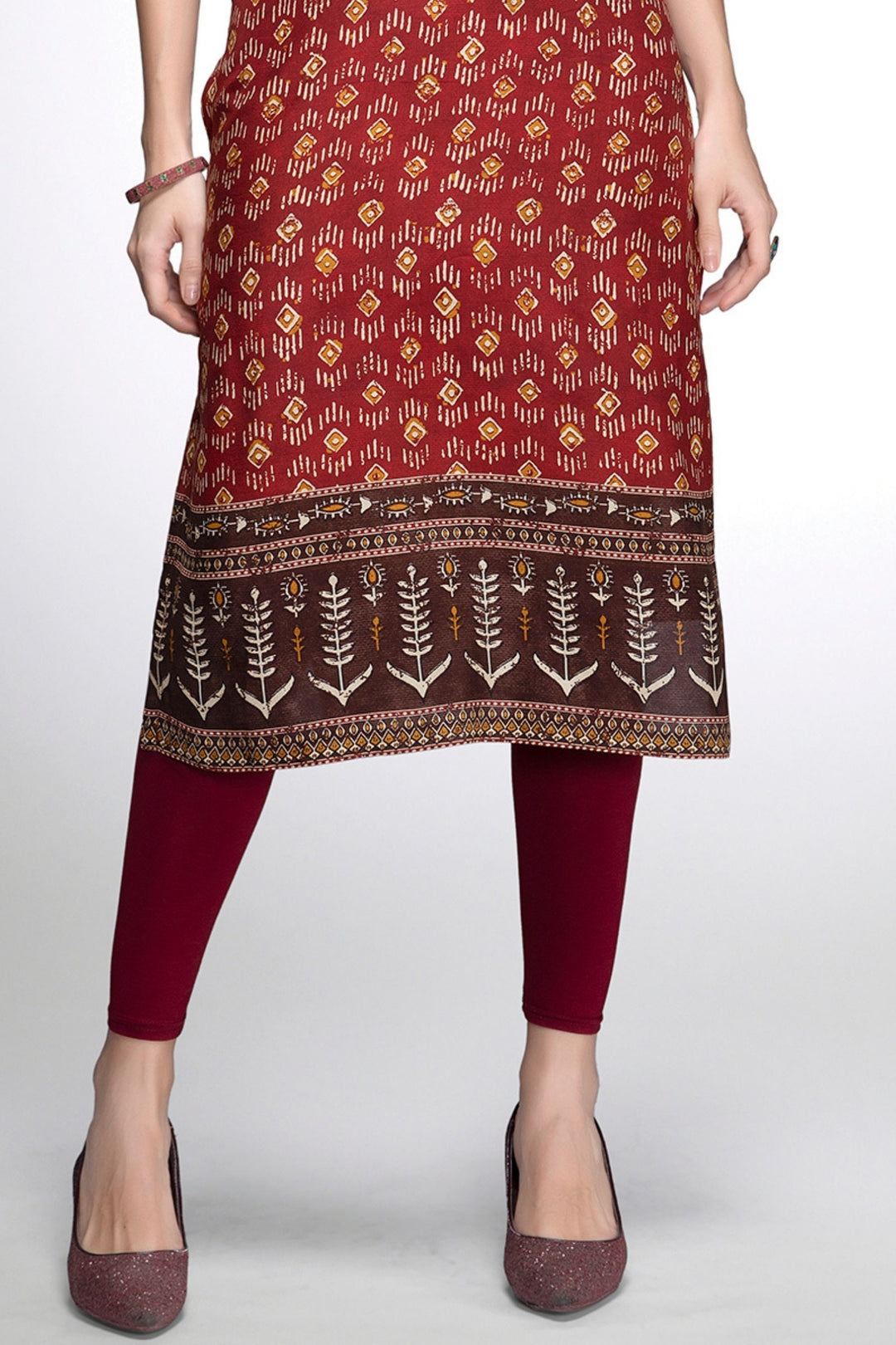 Brick Red with Coffee Brown Digital Print Calf Length Kurti