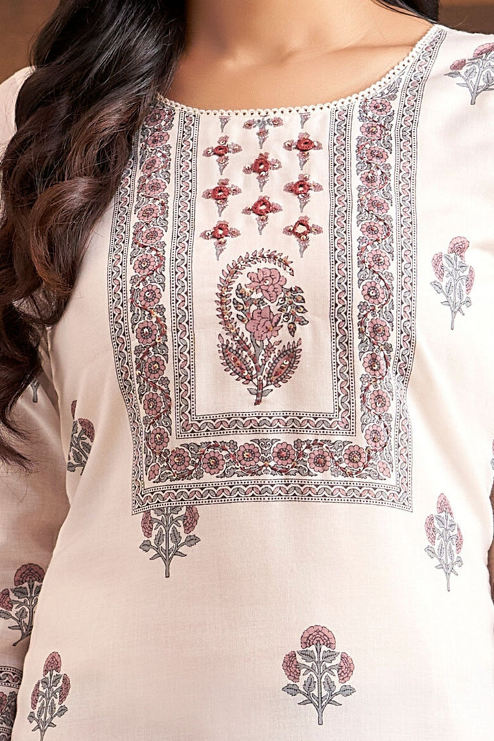 Cream Sequins and Thread work with Digital Print Straight Cut Salwar Suit