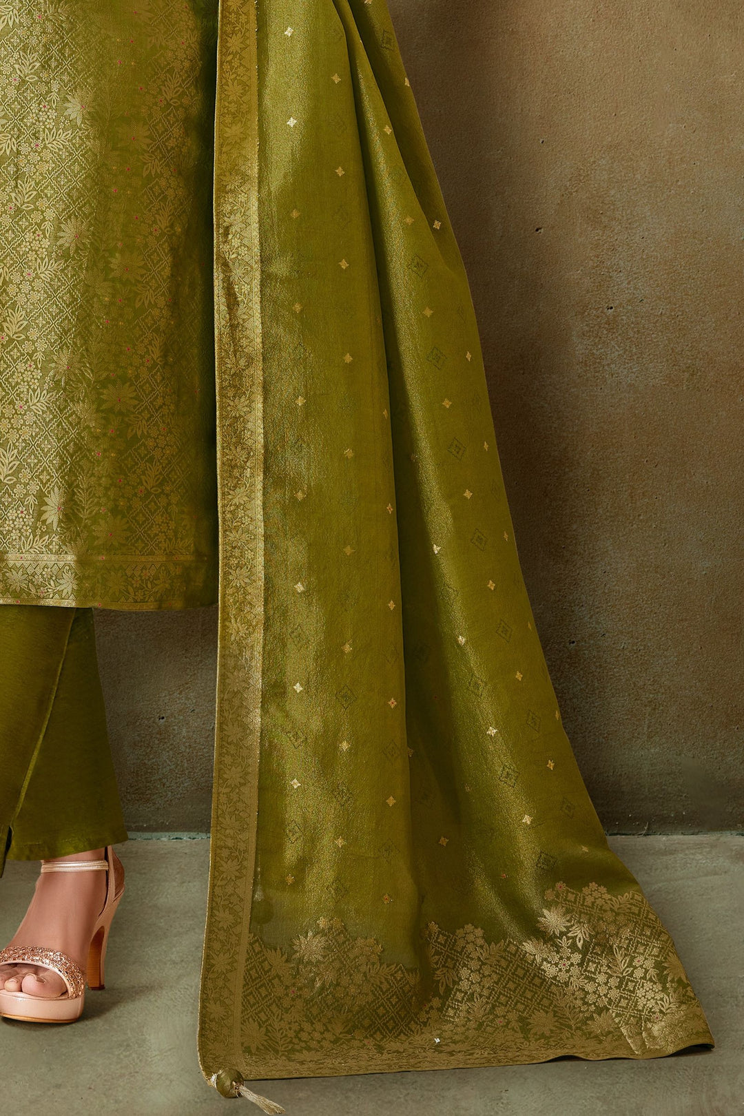 Mehendi Green Mirror, Zardozi, Beads and Brocade work Straight Cut Salwar Suit