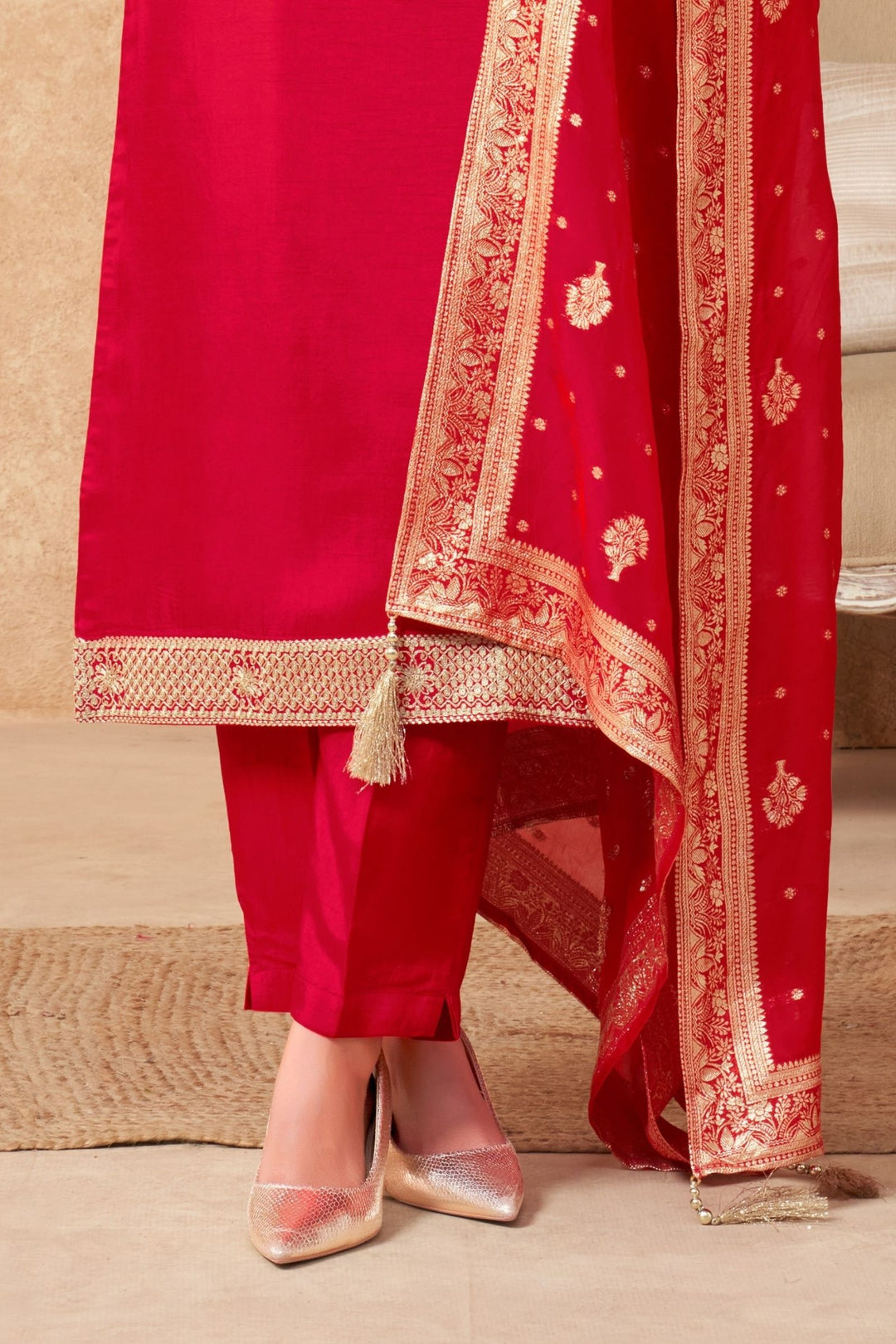 Red Sequins, Zari, Beads and Zardozi work Straight Cut Salwar Suit
