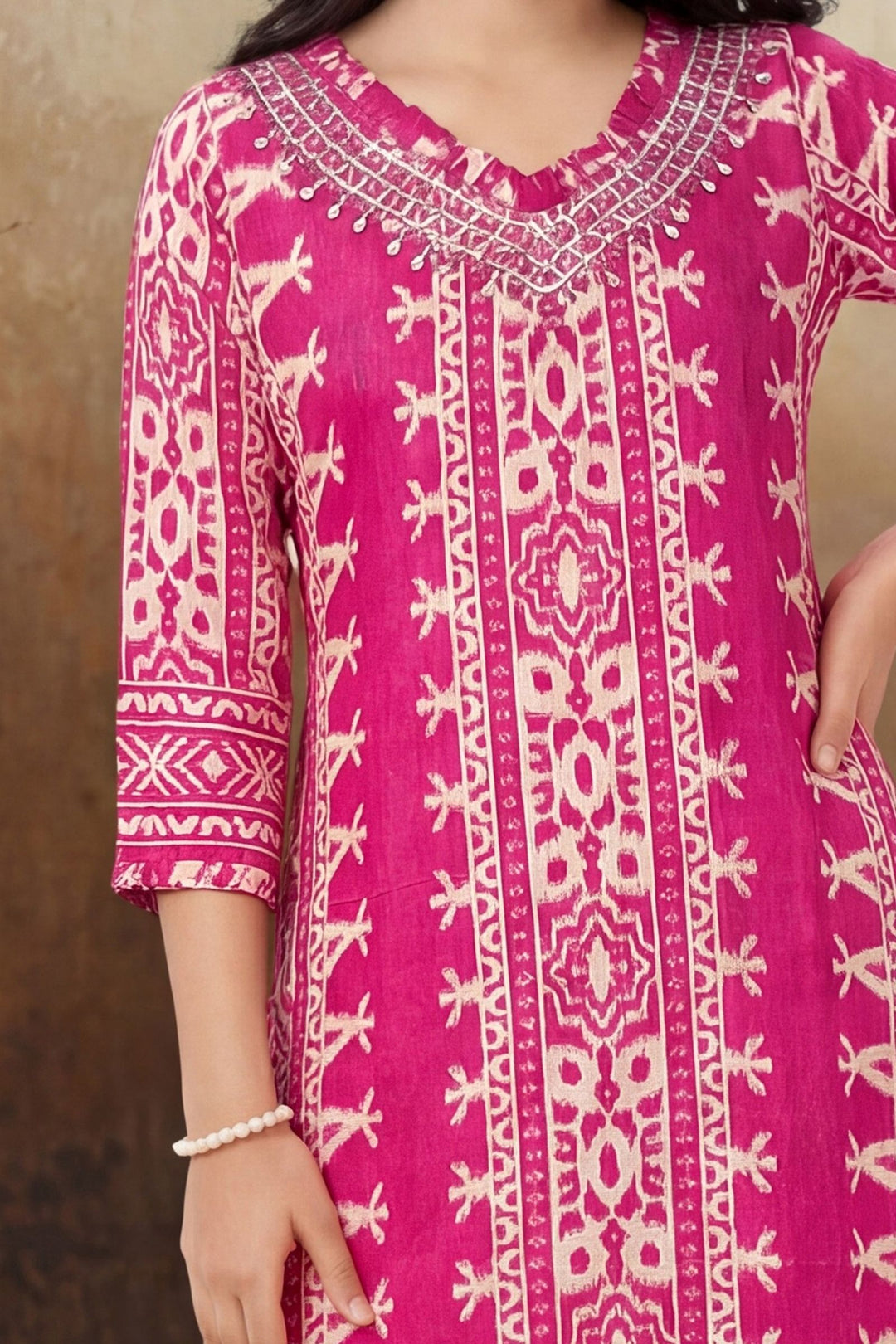 Rani Pink Mirror work with Digital Print Anarkali Styled Salwar Suit for Girls