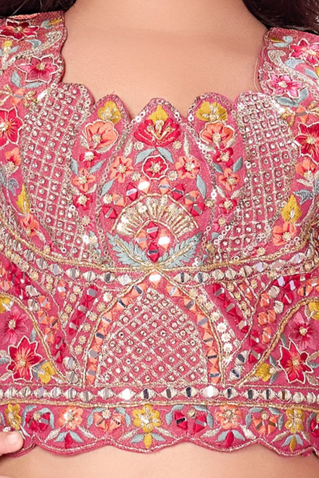 Pink Multicolor Embroidery, Stone and Beads work with Digital Print Lehenga Choli for Girls