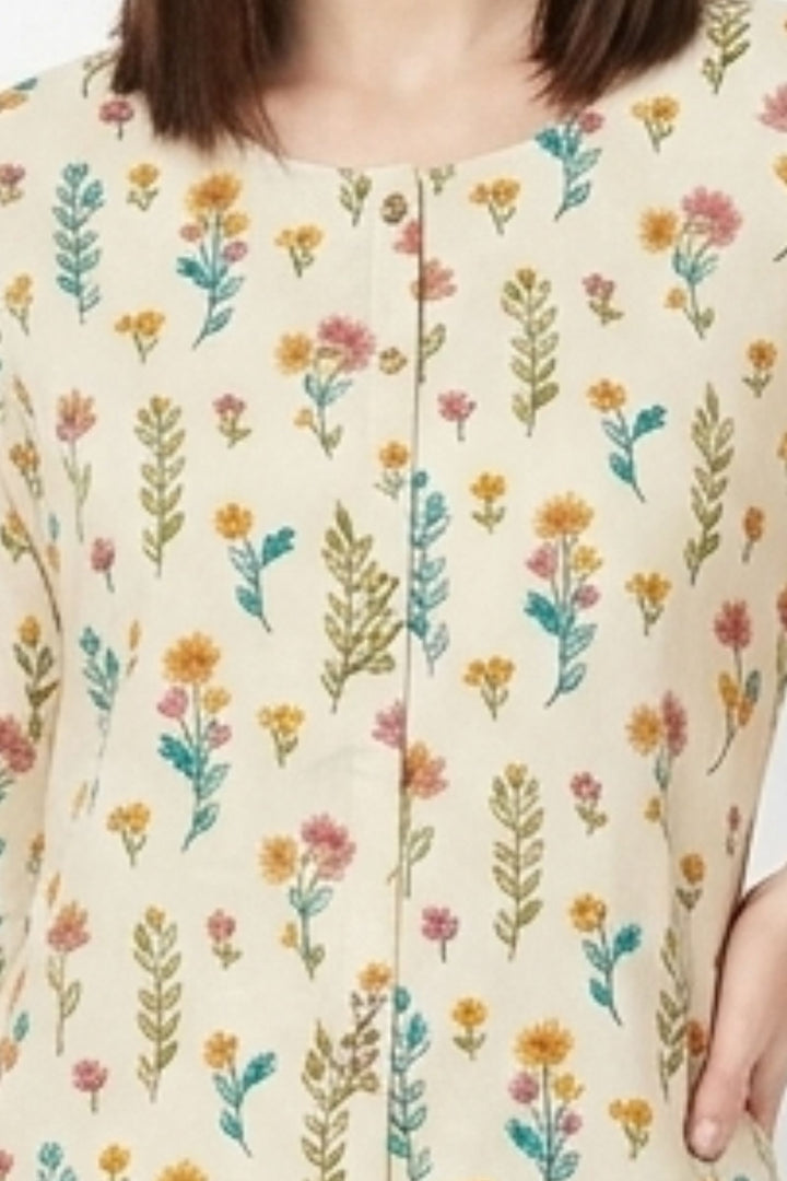 Beige Beads, Sequins and Thread work with Floral Print Calf Length Kurti