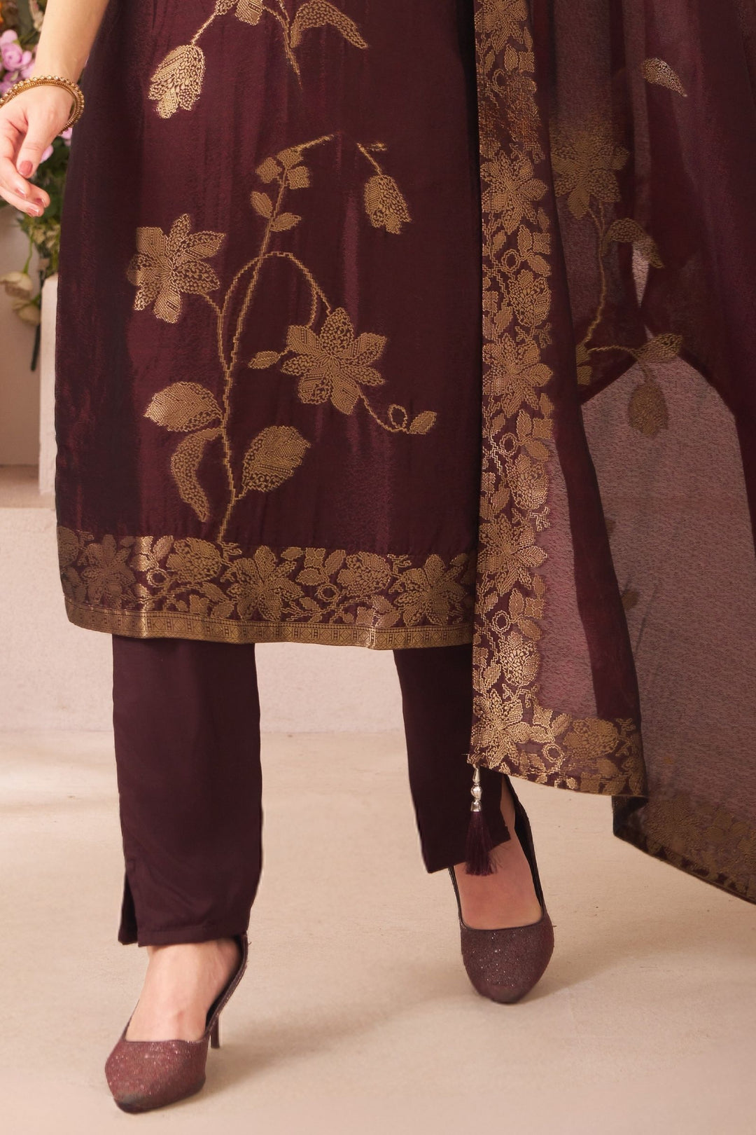Dark Wine Banaras, Beads, Mirror and Stone work Straight Cut Salwar Suit