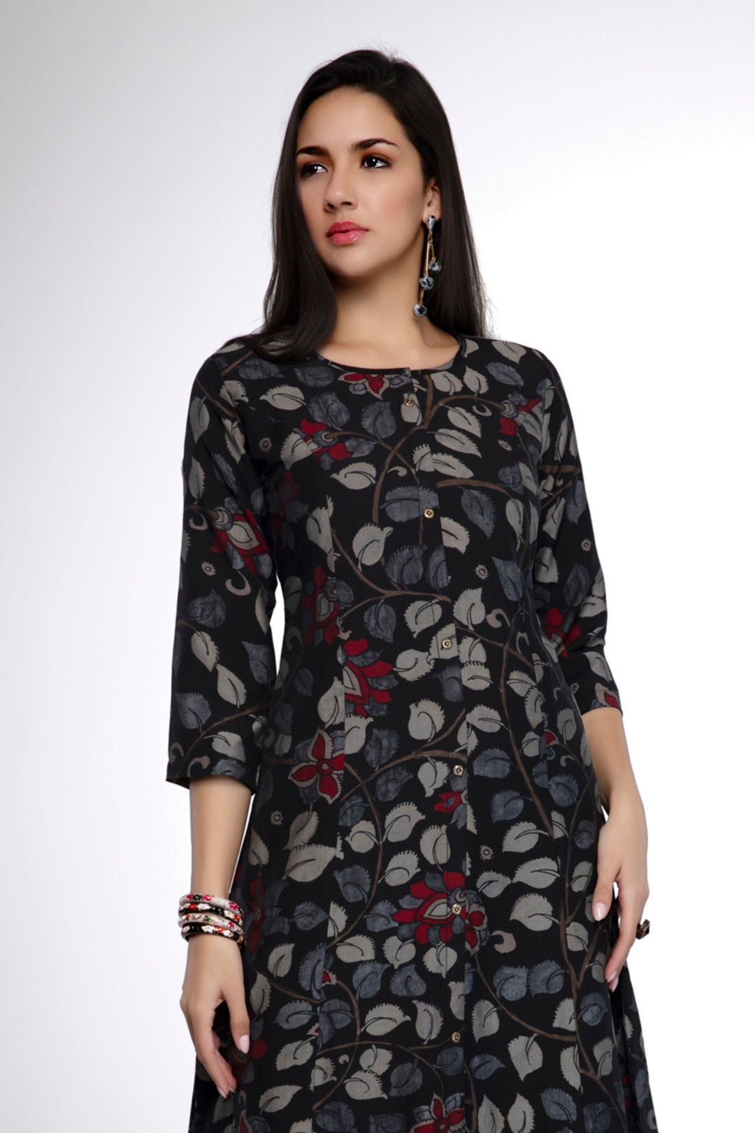 Black with Multicolor Digital Print A-line Cut Calf Length Kurti