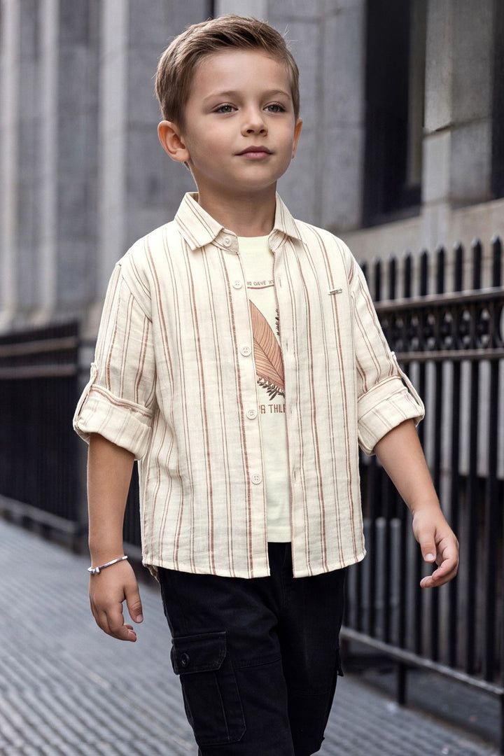 Cream Blazer, Printed T-Shirt and Black Pant Set for Boys