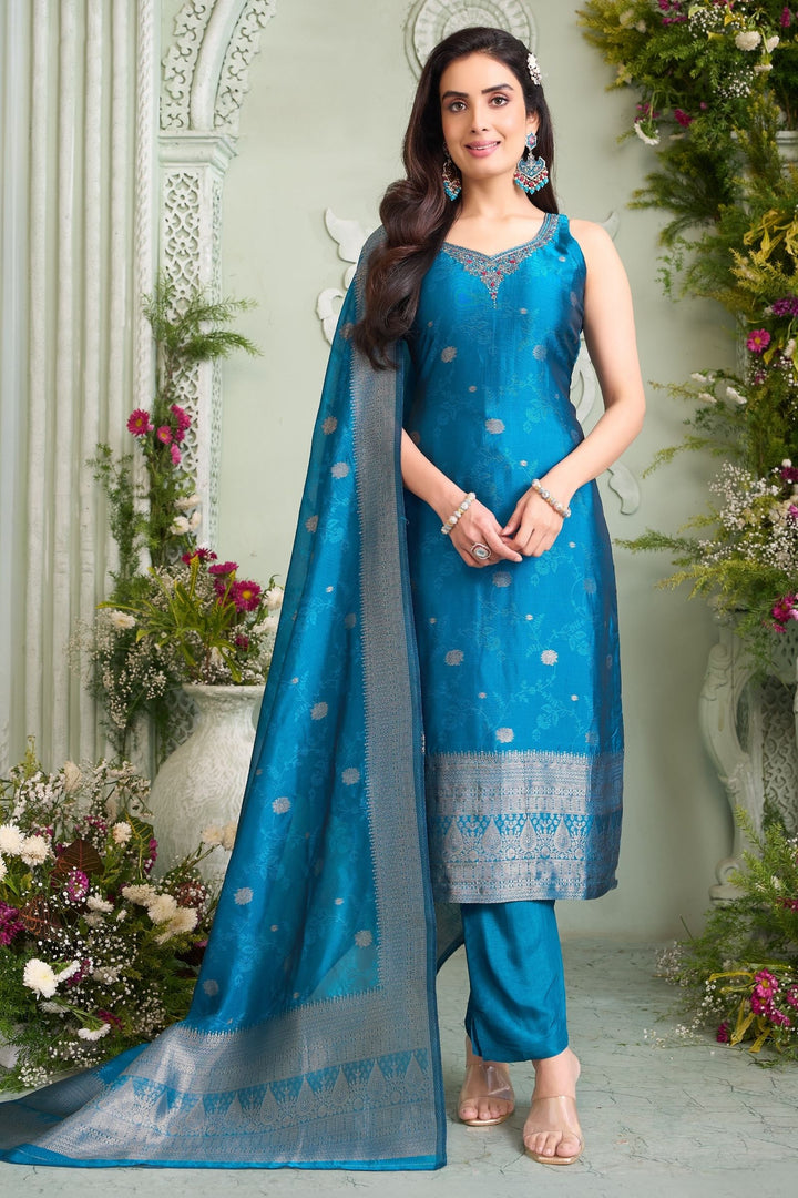 Teal Blue Jacquard, Zardozi, Beads, Stone, Mirror and Banaras work Straight Cut Salwar Suit