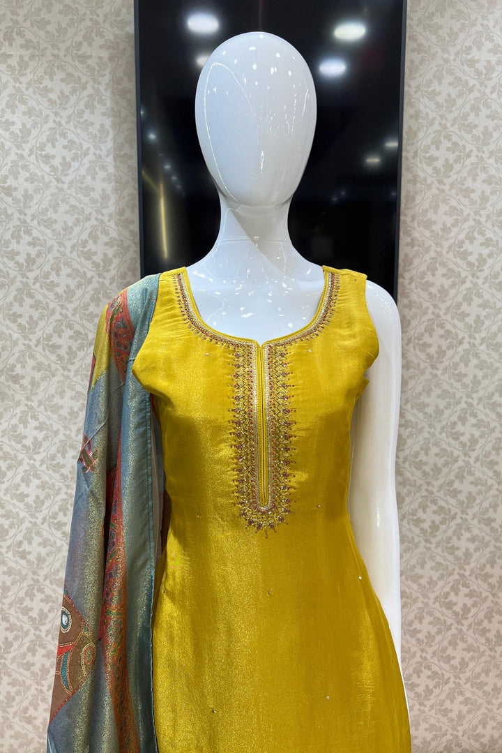 Olive Green Sequins, Zardozi, Thread, Beads and Stone work Straight Cut Salwar Suit