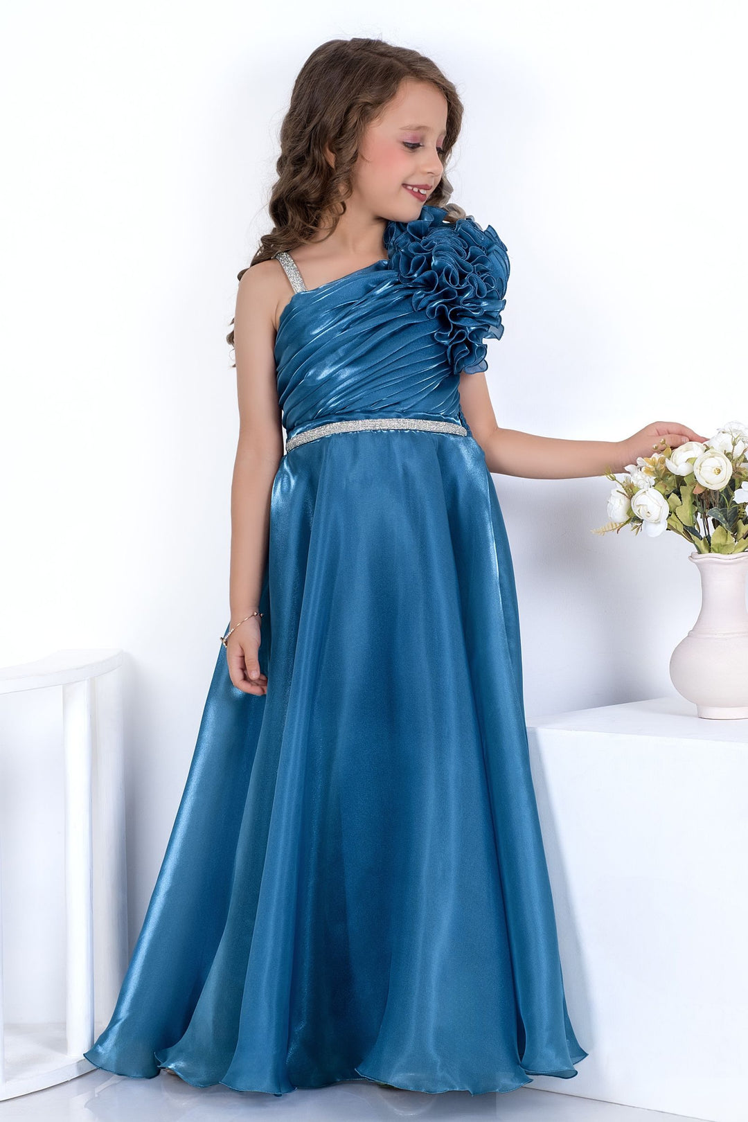 Teal Blue Flared Gown with Ruffled Rosette Shoulder for Girls