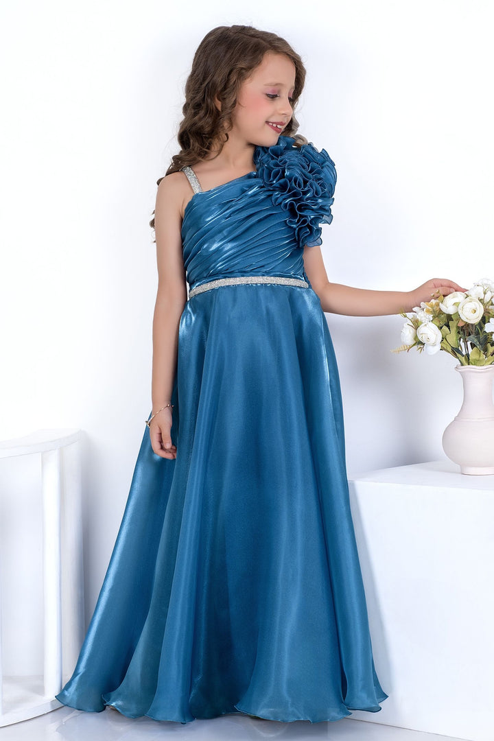 Teal Blue Flared Gown with Ruffled Rosette Shoulder for Girls