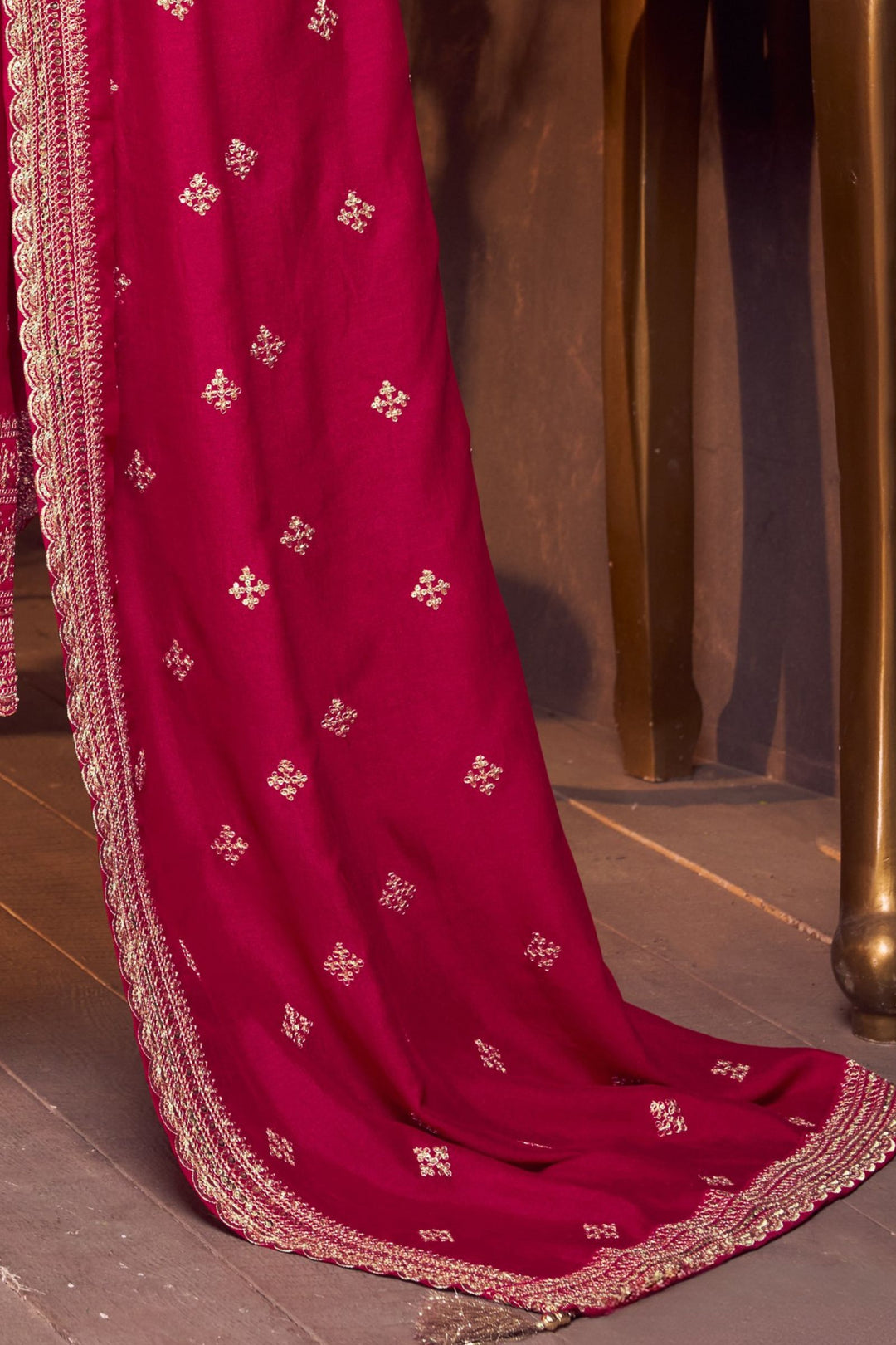 Red Sequins, Zari, Mirror, Zardozi, Beads and Pearls work Straight Cut Salwar Suit