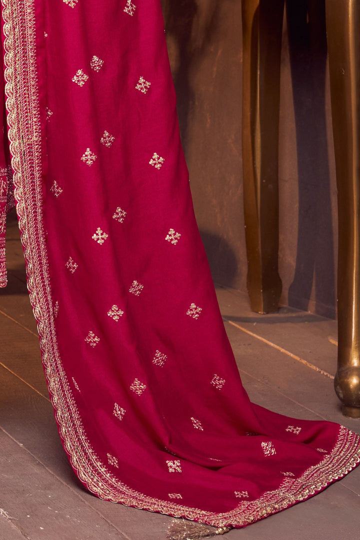 Red Sequins, Zari, Mirror, Zardozi, Beads and Pearls work Straight Cut Salwar Suit