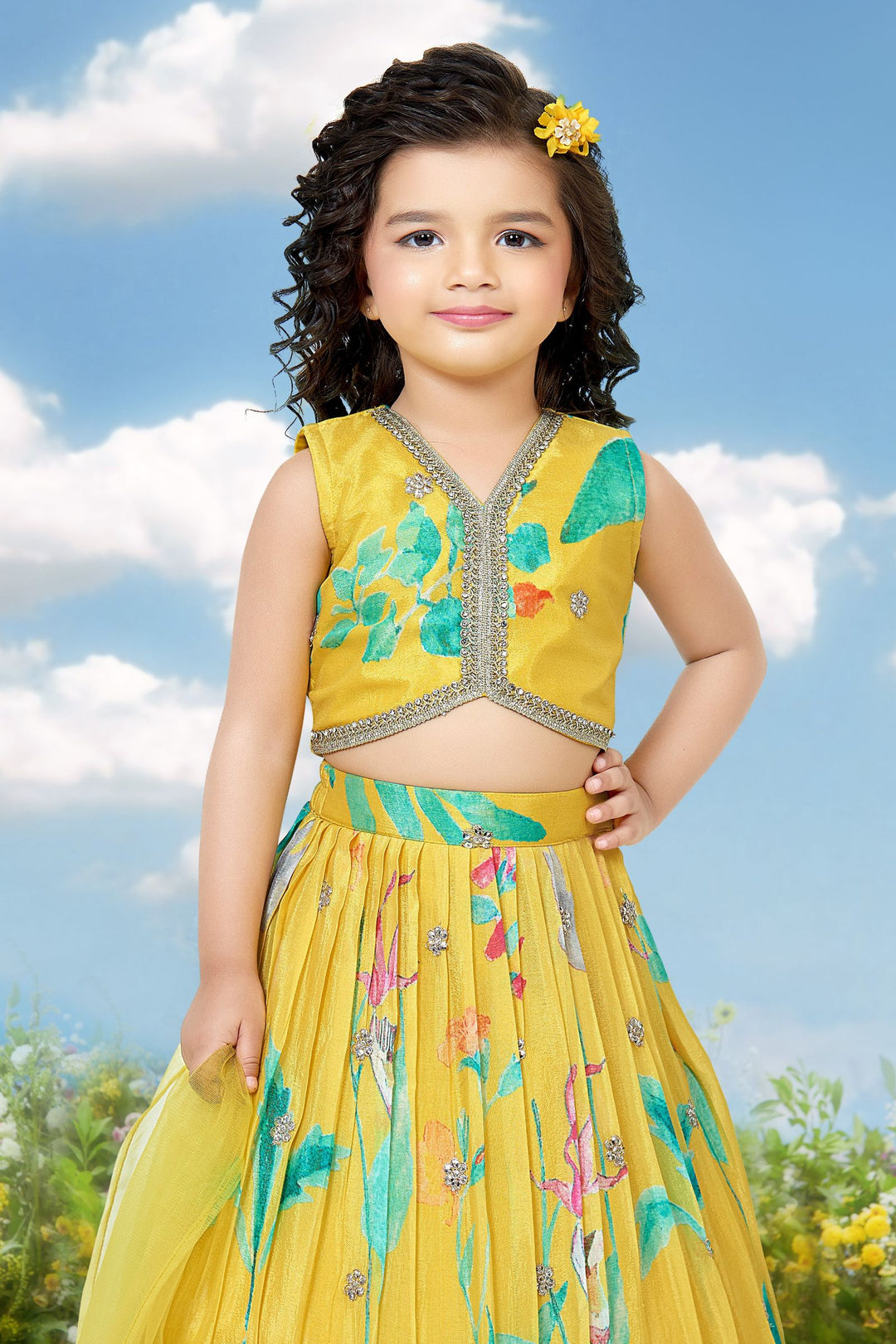 Yellow Stone, Sequins and Zari work with Digital Print Lehenga Choli for Girls