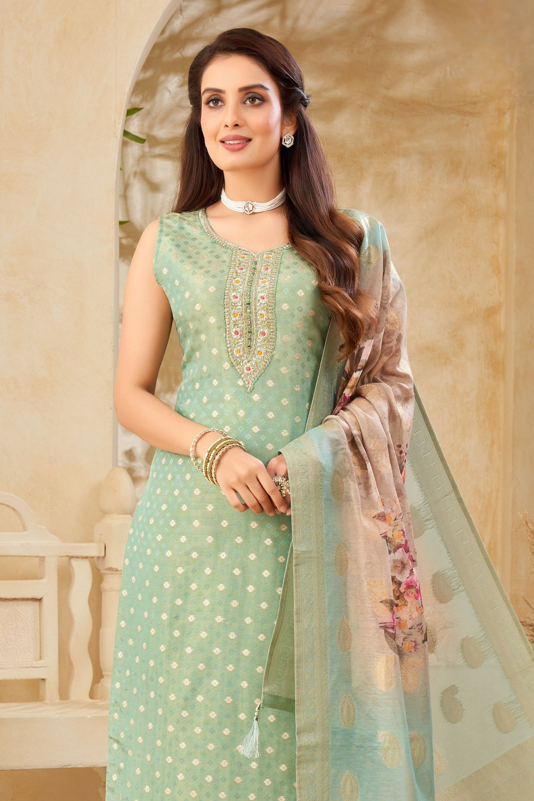 Sea Green Banaras, Beads, Zari, Thread and Mirror work Straight Cut Salwar Suit