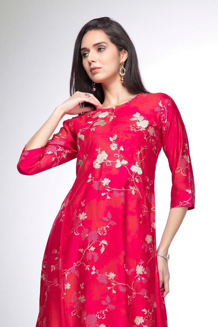 Rani Pink Embroidery work with Floral Print Calf Length Kurti