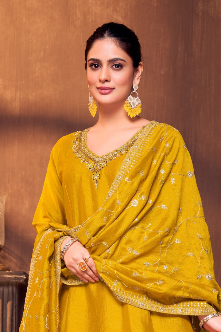 Yellow Sequins, Zari, Mirror, Stone and Zardozi work A-line Cut Salwar Suit