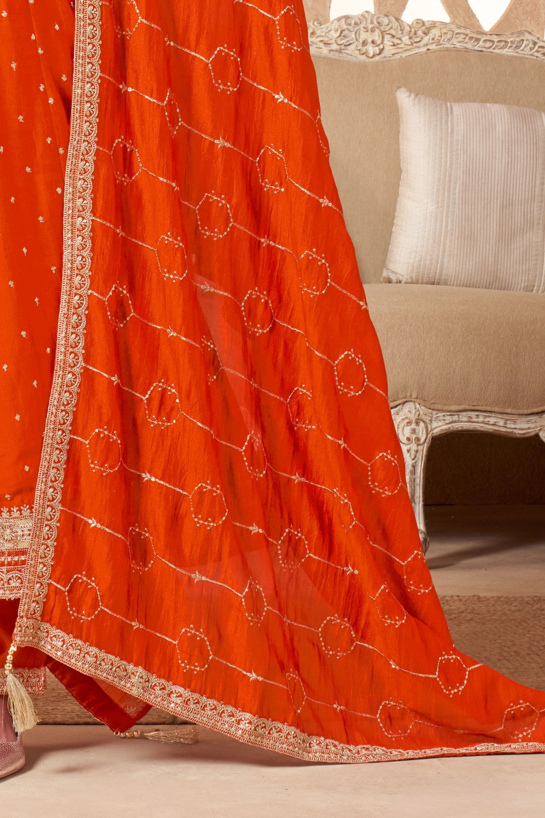 Orange Sequins, Beads and Zari work Anarkali Style Salwar