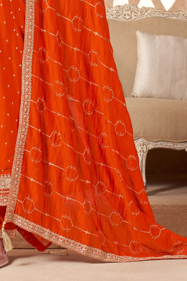 Orange Sequins, Beads and Zari work Anarkali Style Salwar