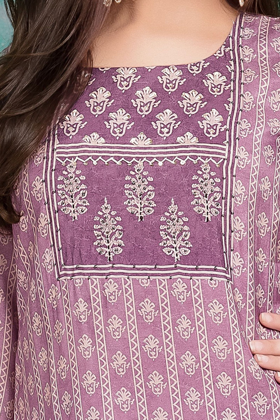 Purple Sequins and Beads work with Printed Straight Cut Salwar Suit for Girls