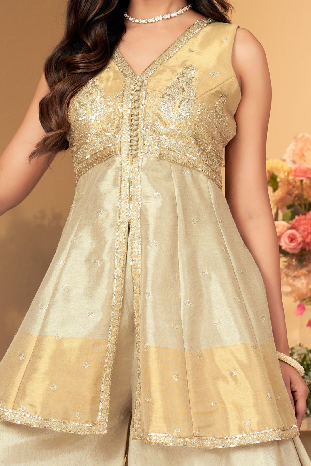 Gold with Beige Sequins and Zari work Peplum Top with Palazzo Suit Set