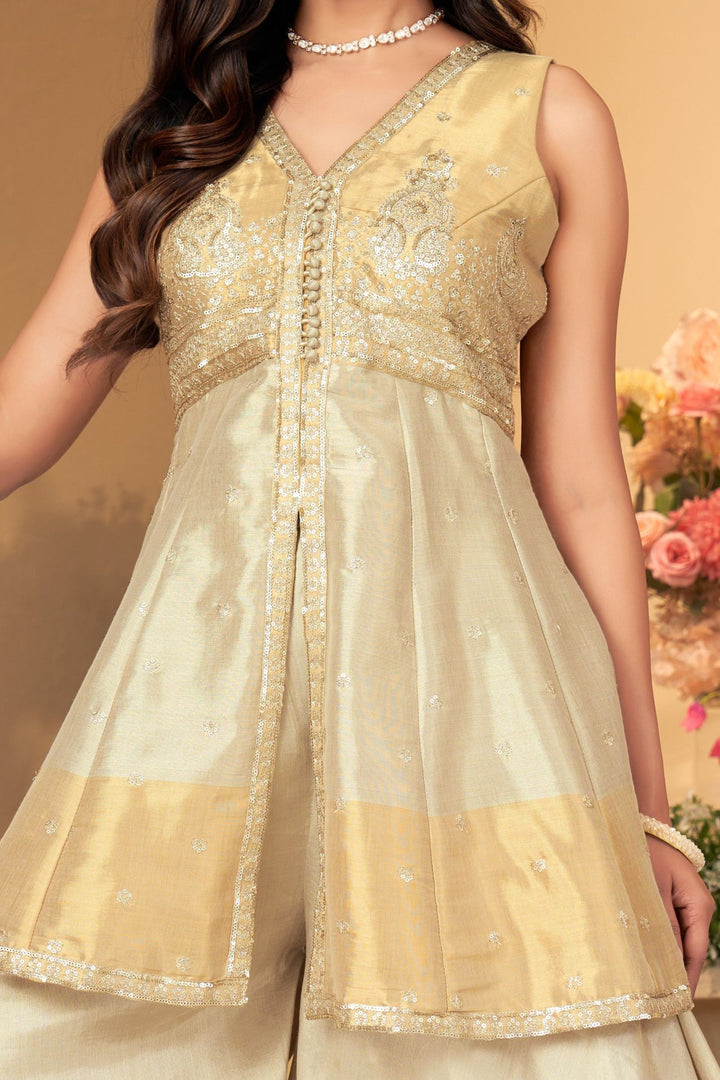 Gold with Beige Sequins and Zari work Peplum Top with Palazzo Suit Set