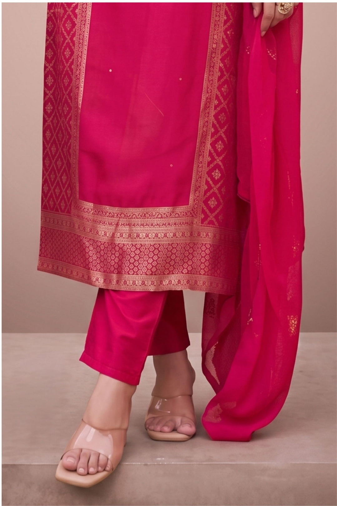 Rani Pink Banaras, Stone, Zardozi, Mirror and Thread work Straight Cut Salwar Suit