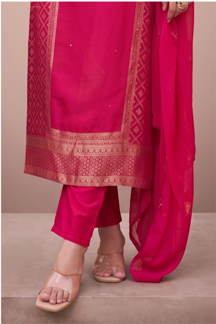 Rani Pink Banaras, Stone, Zardozi, Mirror and Thread work Straight Cut Salwar Suit