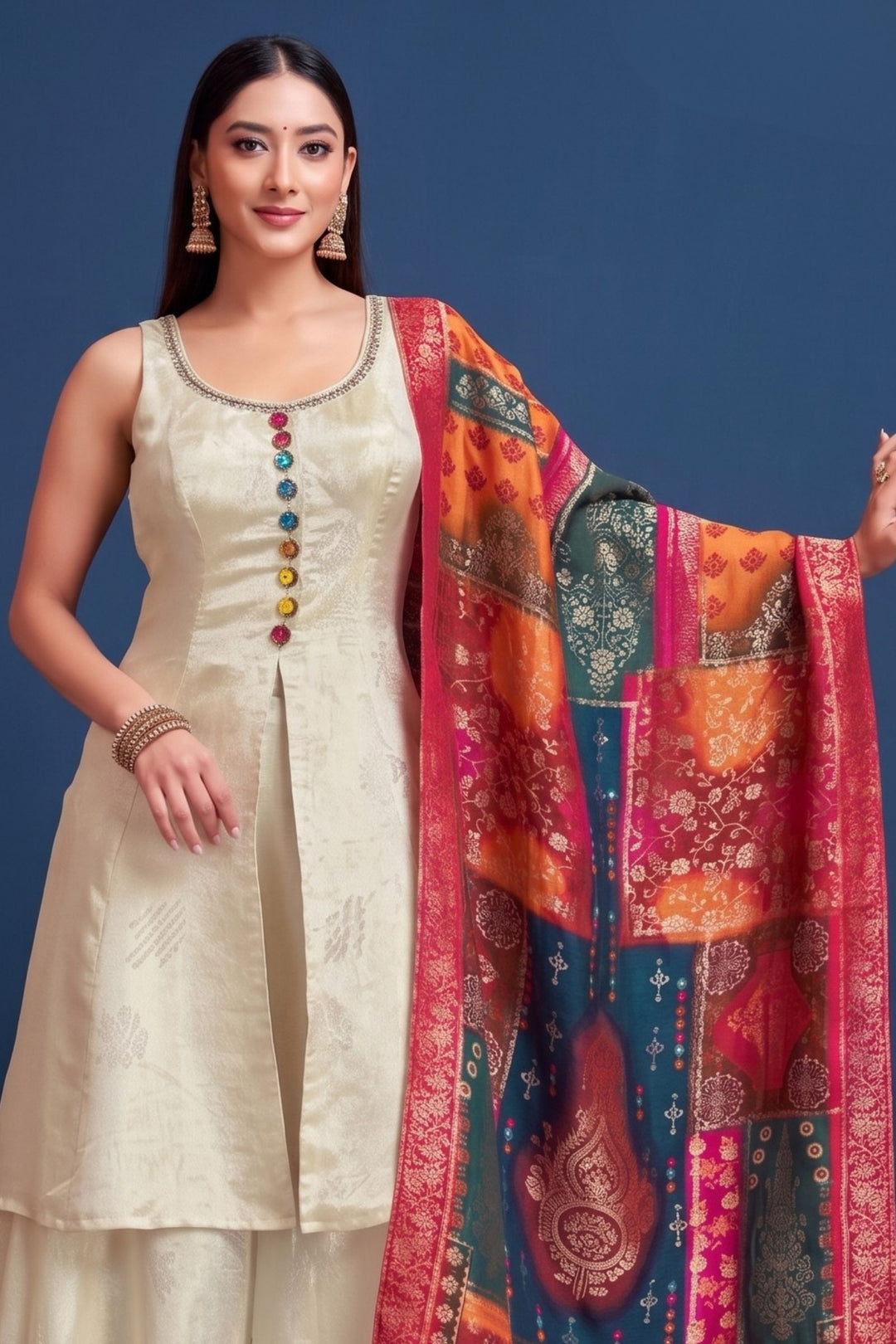 Cream Palazzo Salwar Suit with Jacquard, Zari, Beads and Stone Detailing