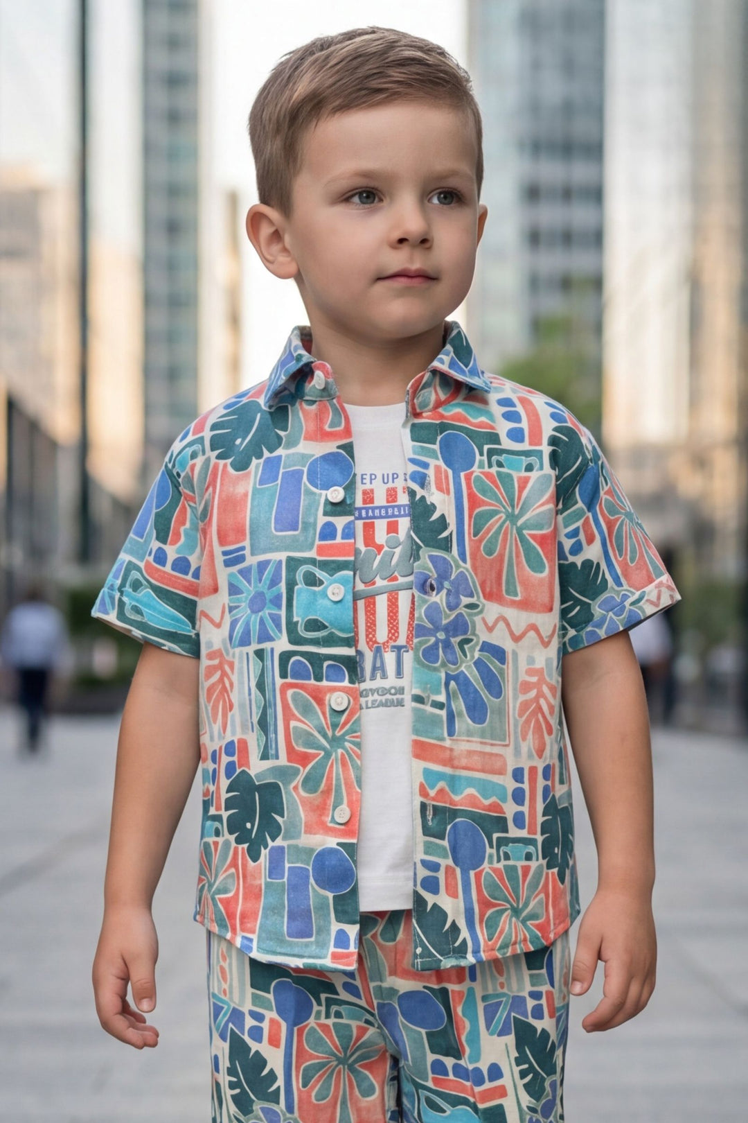 White with Multicolor Digital Print Boys Co-Ord Set