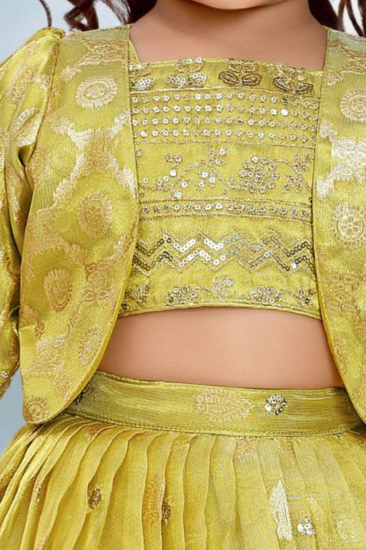 Lemon Yellow Sequins and Zari work Overcoat Styled Lehenga Choli for Girls