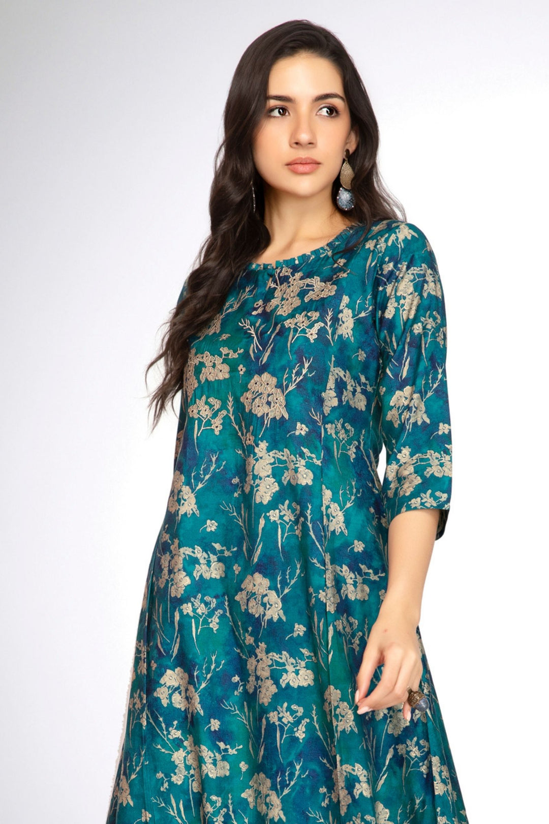 Rama Blue Thread work with Floral Print A-Line Cut Calf Length Kurti