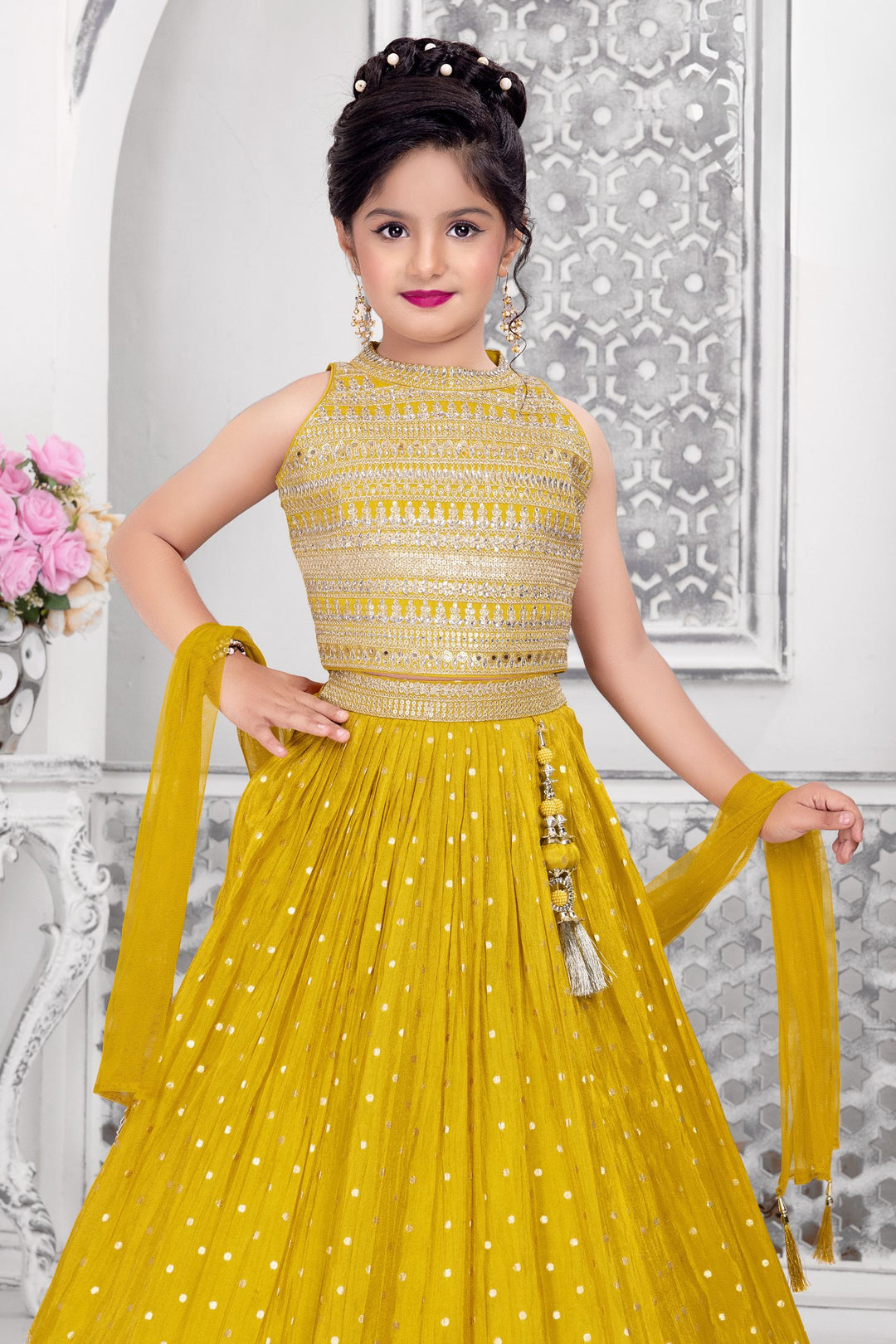 Liril Green Zari, Stone and Sequins work Lehenga Choli for Girls