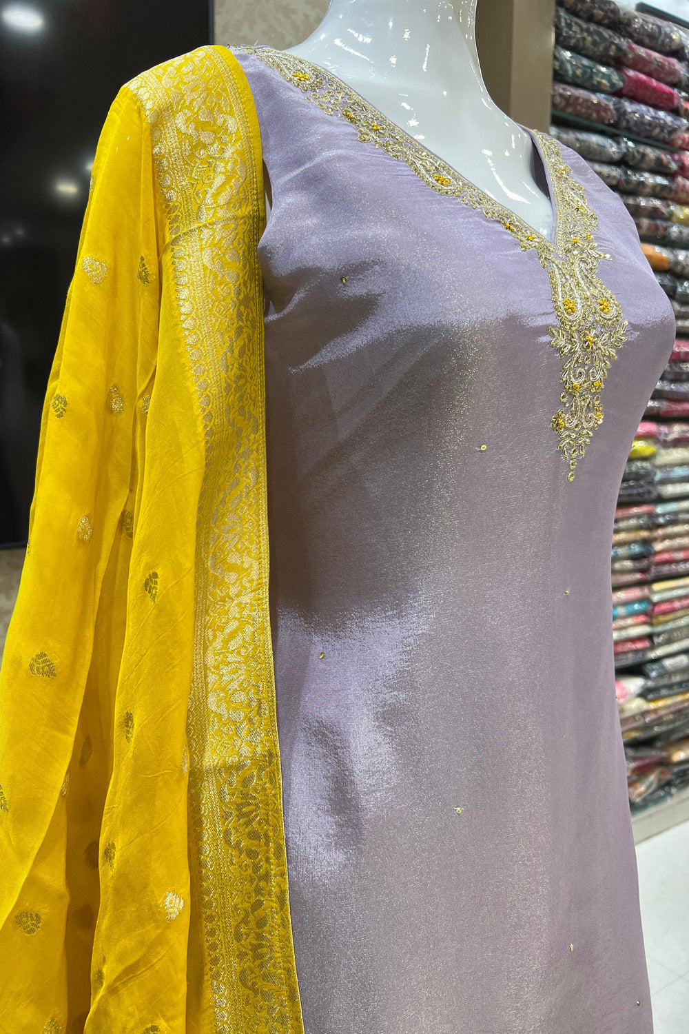 Lilac Banaras, Zardozi, Sequins, Beads and Zari work Straight Cut Salwar Suit