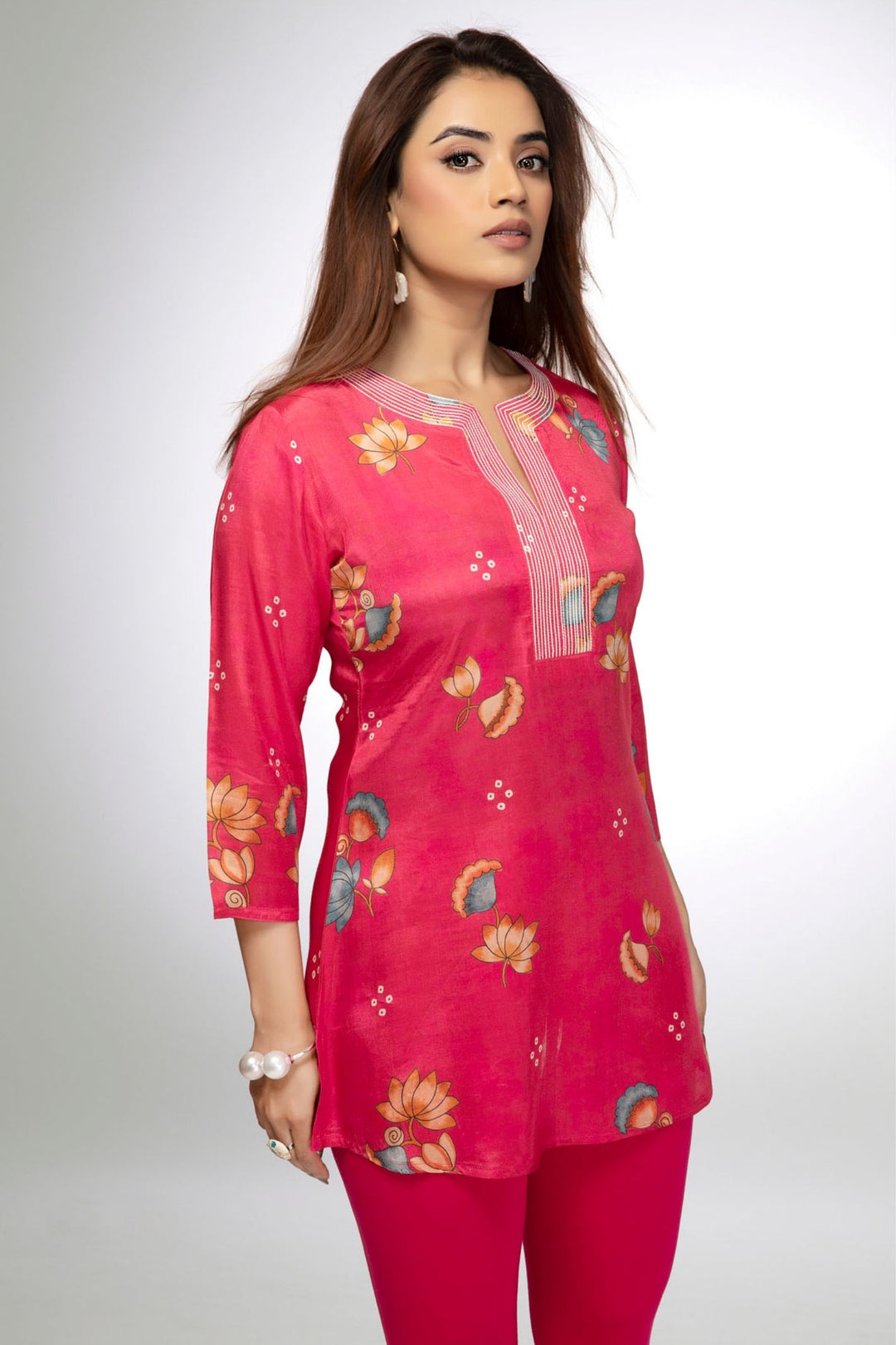 Pink Floral Print Short Kurti