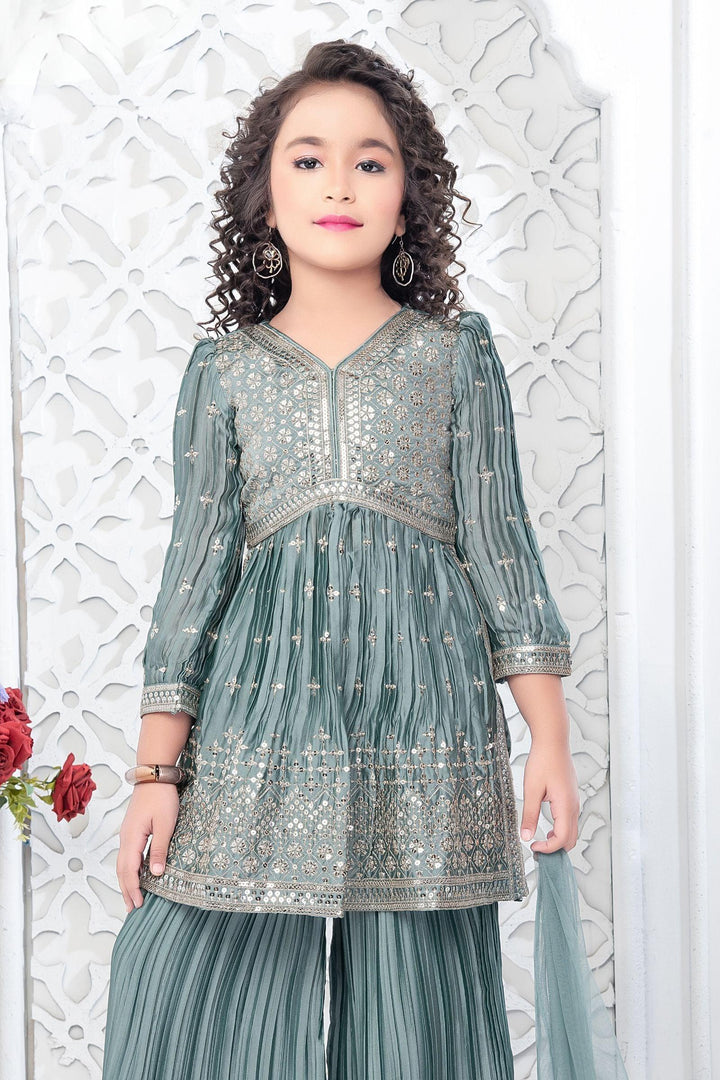 Pale Green Silver Zari and Sequins work Peplum Style Sharara Suit Set for Girls - Seasons Chennai