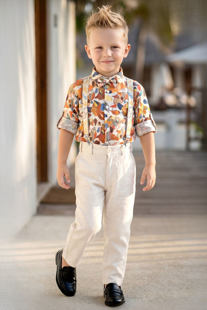 Half White Multicolor Digital Print Suspender Style Pant Shirt Set for Boys