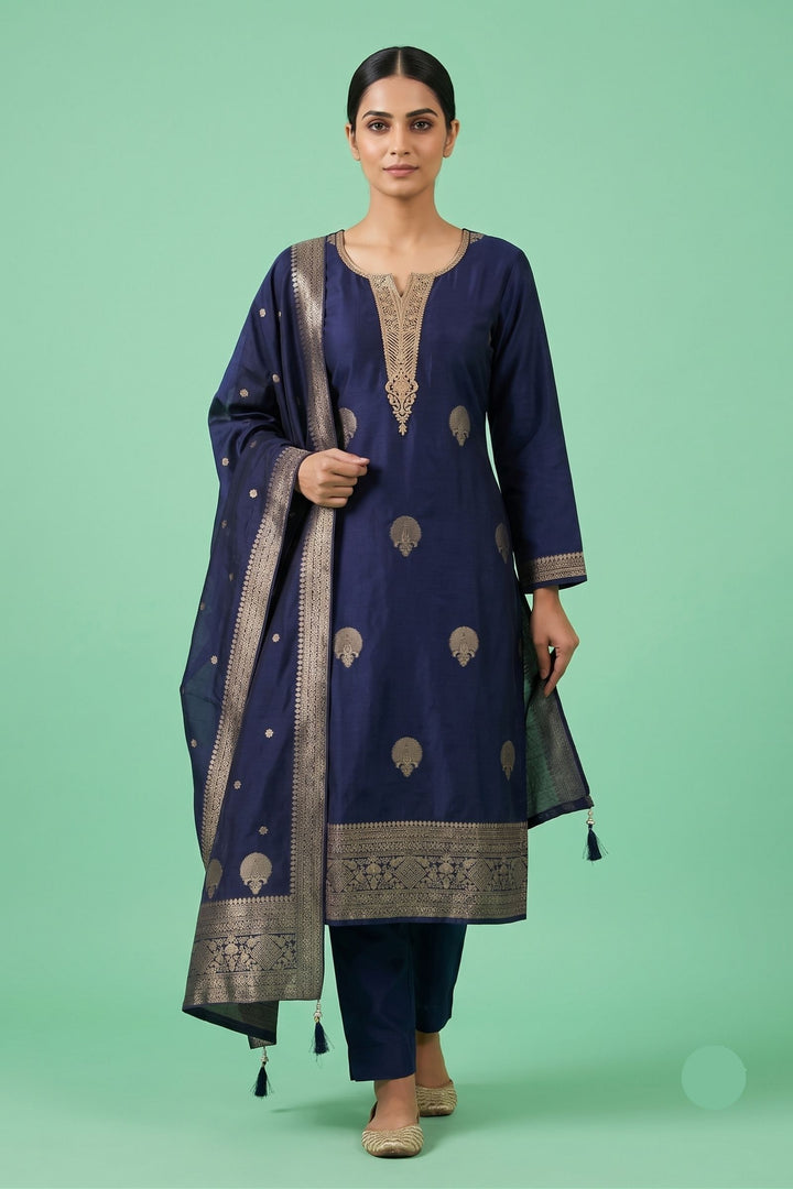 Royal Blue Banaras, Zardozi, Sequins, Beads and Zari work Straight Cut Salwar Suit