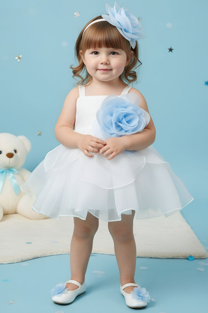 White Partywear Short Frock for Girls