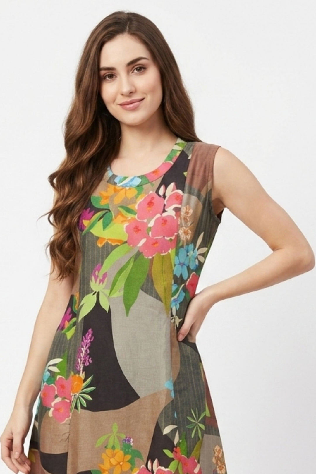 Multicolor Digital Print A-Line Cut Calf Length Kurti