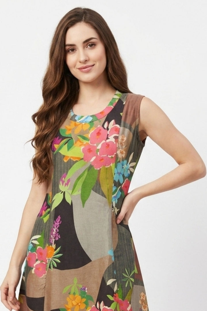 Multicolor Digital Print A-Line Cut Calf Length Kurti
