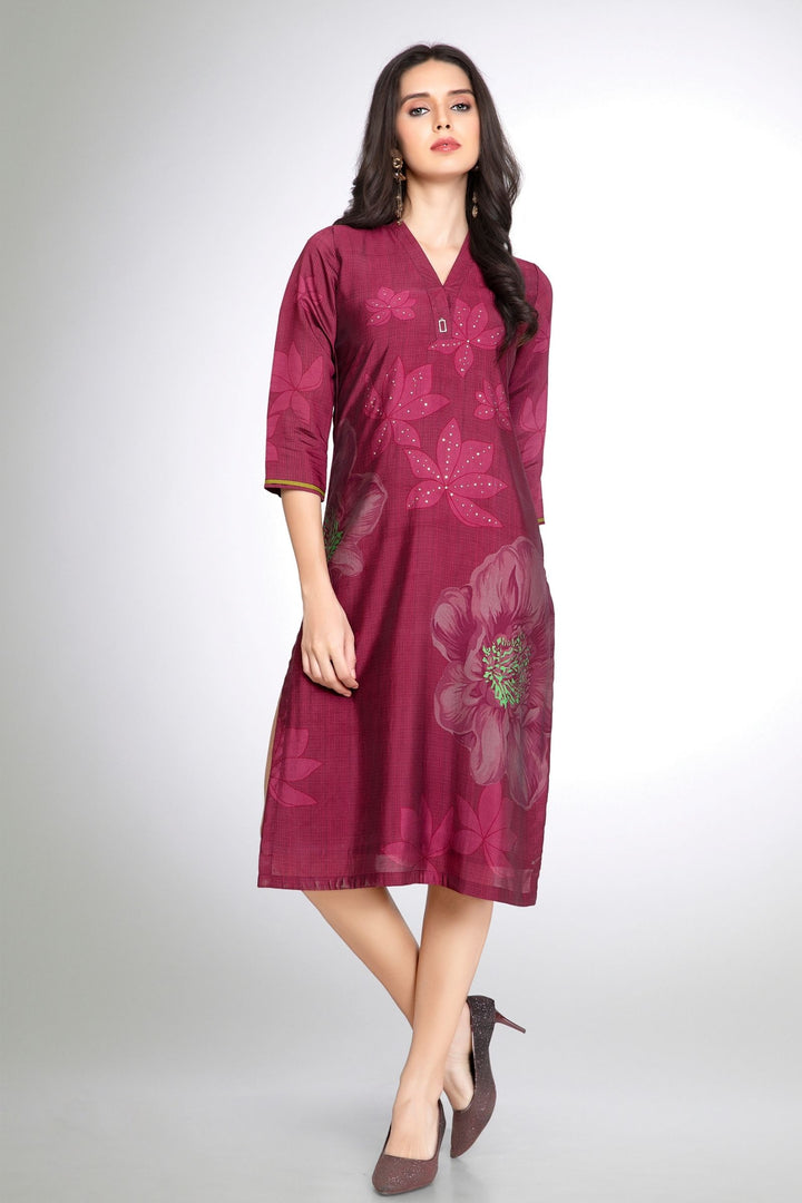 Maroon Floral Print Calf Length Kurti