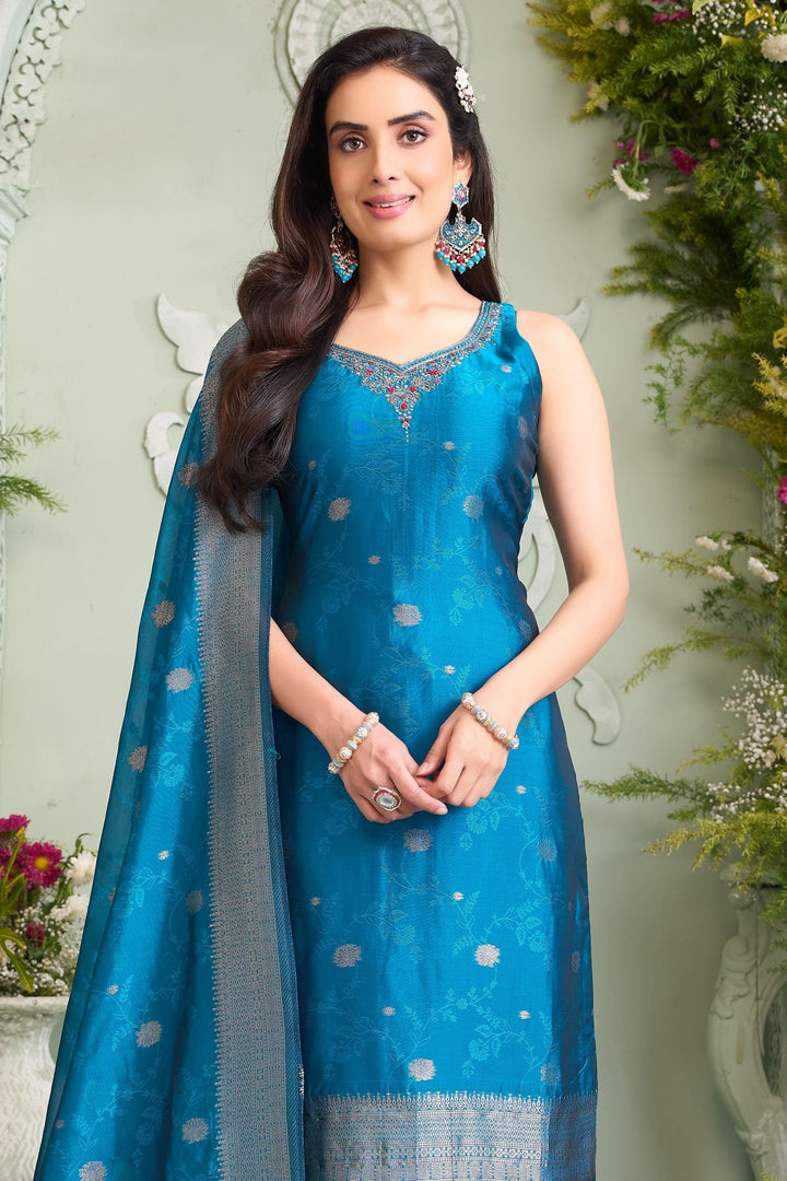 Teal Blue Jacquard, Zardozi, Beads, Stone, Mirror and Banaras work Straight Cut Salwar Suit