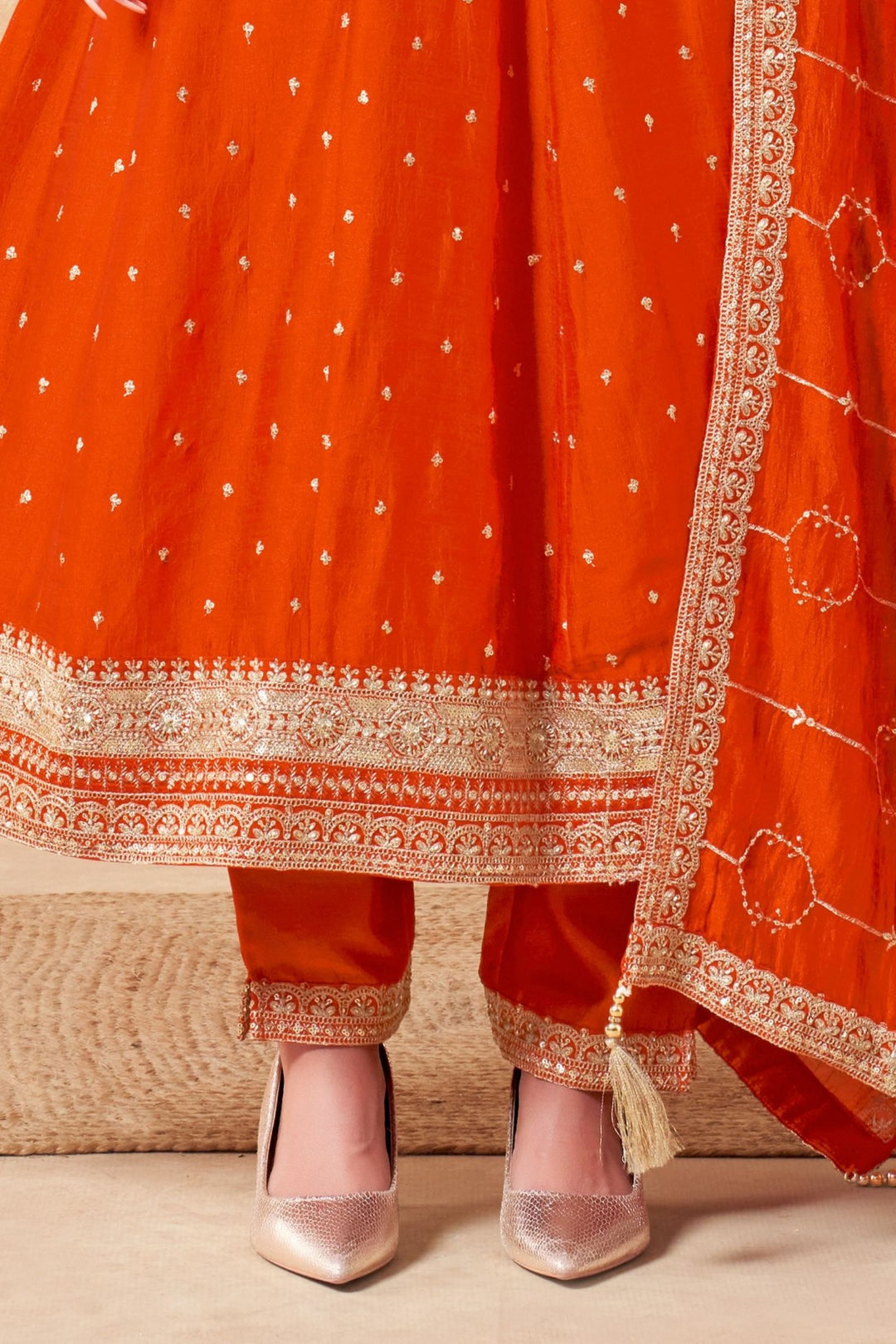 Orange Sequins, Beads and Zari work Anarkali Style Salwar
