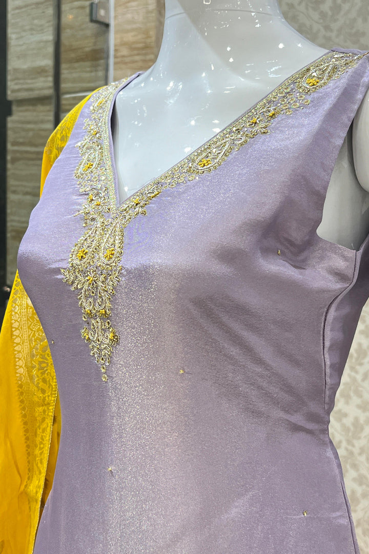 Lilac Banaras, Zardozi, Sequins, Beads and Zari work Straight Cut Salwar Suit