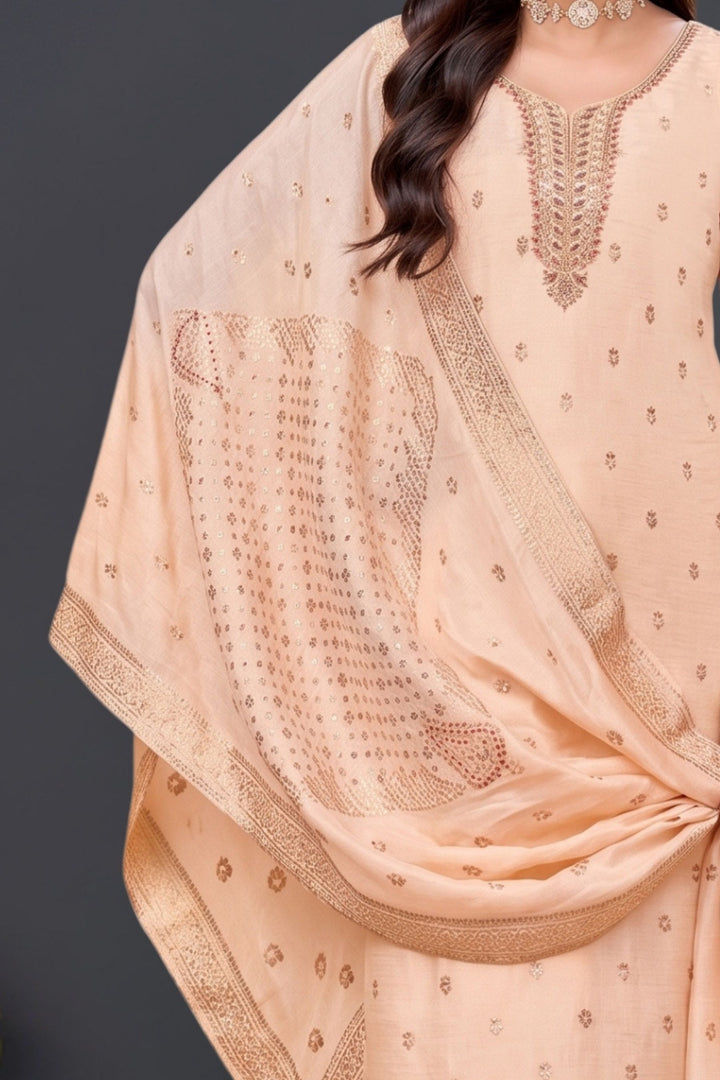 Peach Banaras, Beads and Stone work Straight Cut Salwar Suit