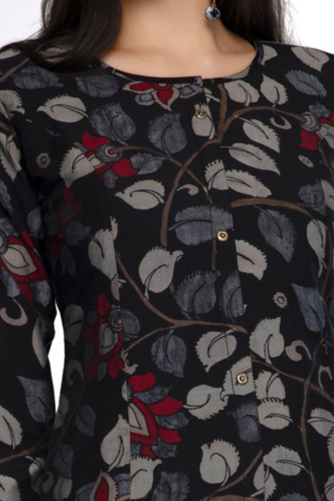 Black with Multicolor Digital Print A-line Cut Calf Length Kurti