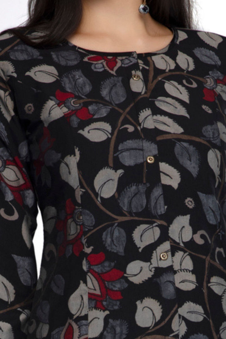 Black with Multicolor Digital Print A-line Cut Calf Length Kurti